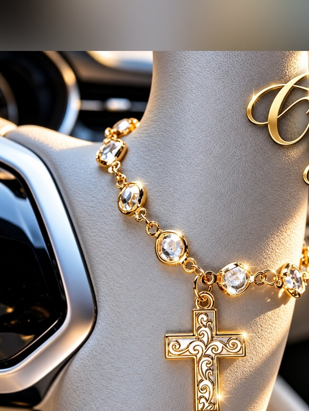 Gold Cross Crystal Car Hanging Decoration Steering Wheel Gear Shift Accessory